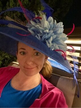 Royal Blue Wide-Brim Hat with Light Blue Flower and Pink Feather Accents